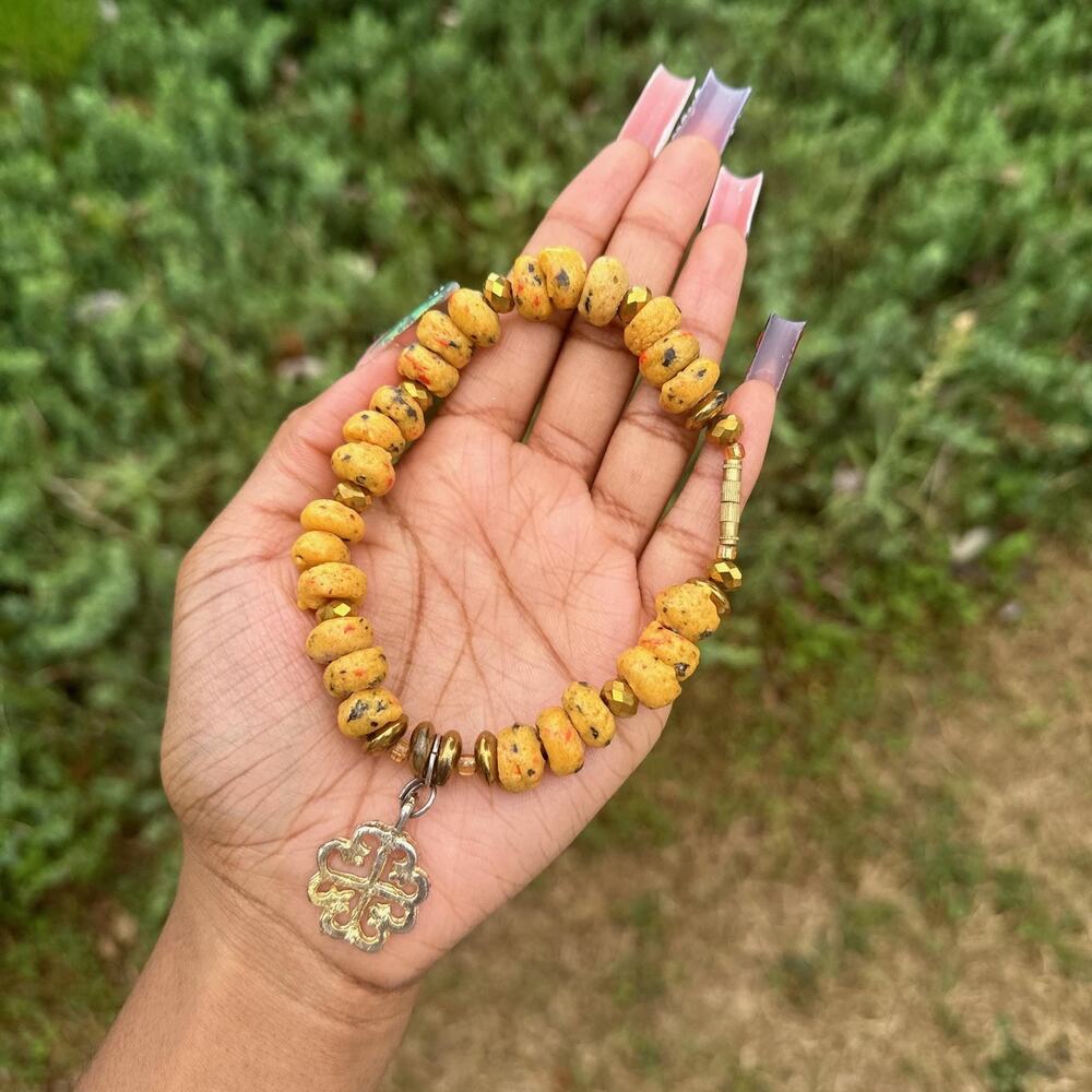 Ghana krobo trade bead yellow anklet with gold adinkra symbol charm